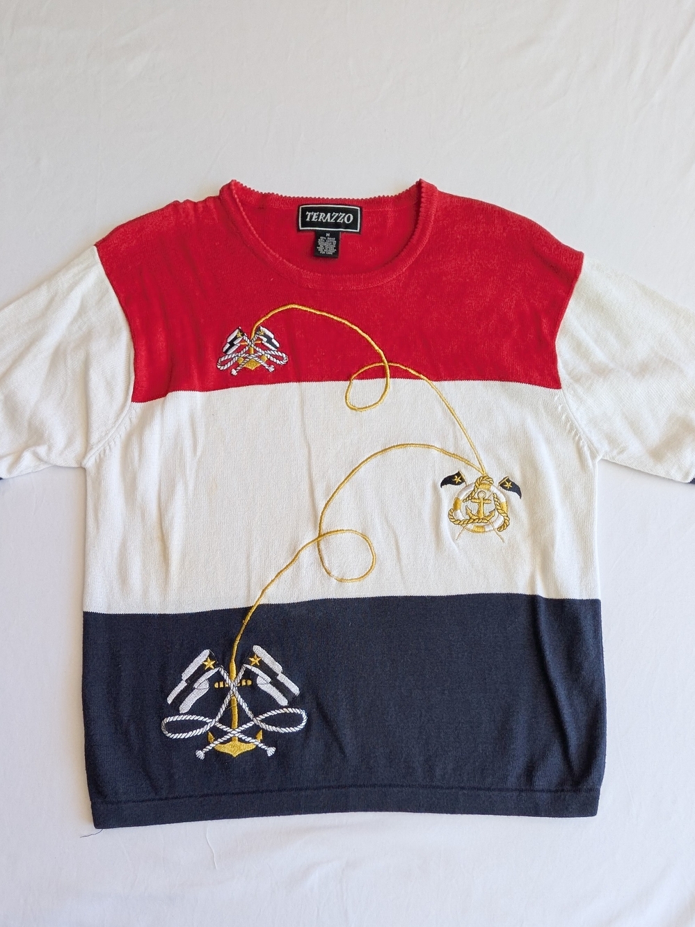 Vintage Terazzo Women's Med Nautical Top Anchor Sailboat Embroidered Patriotic